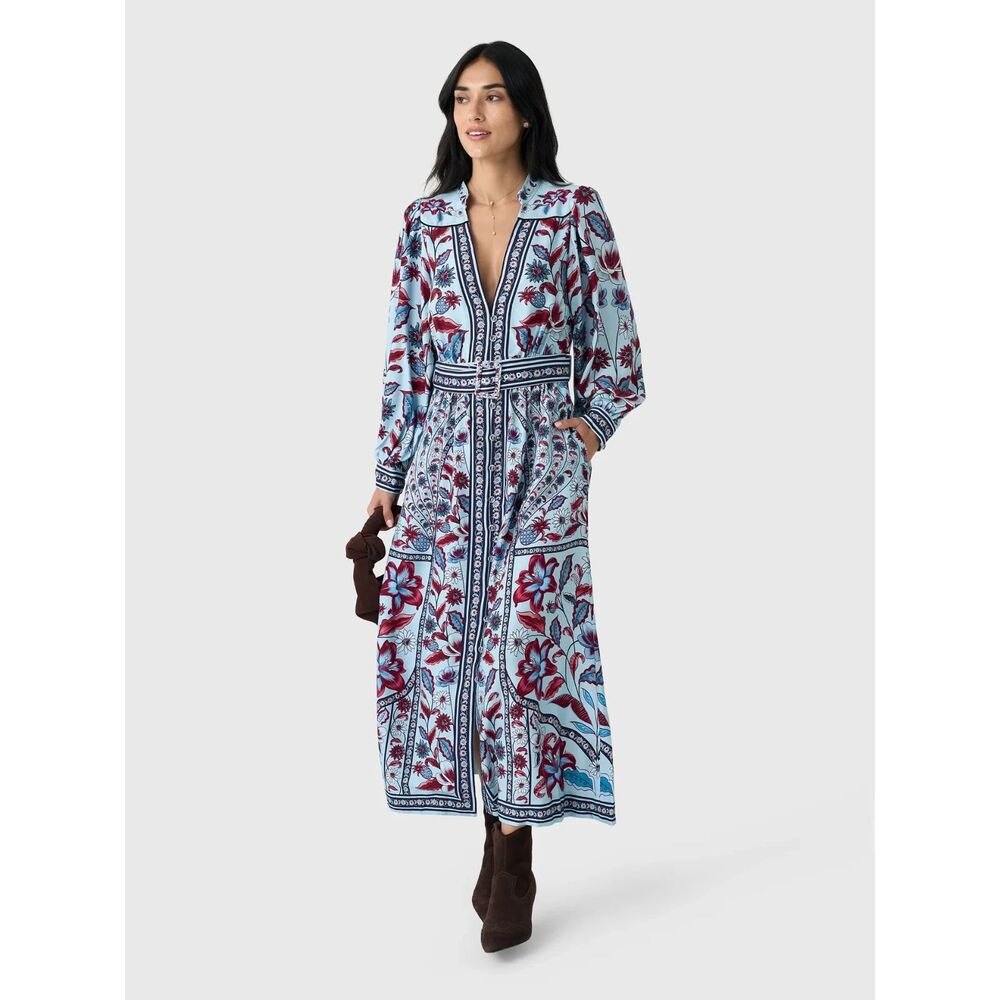Farm Rio Womens Marcelle Maxi Dress Red Light Blue Floral XXS